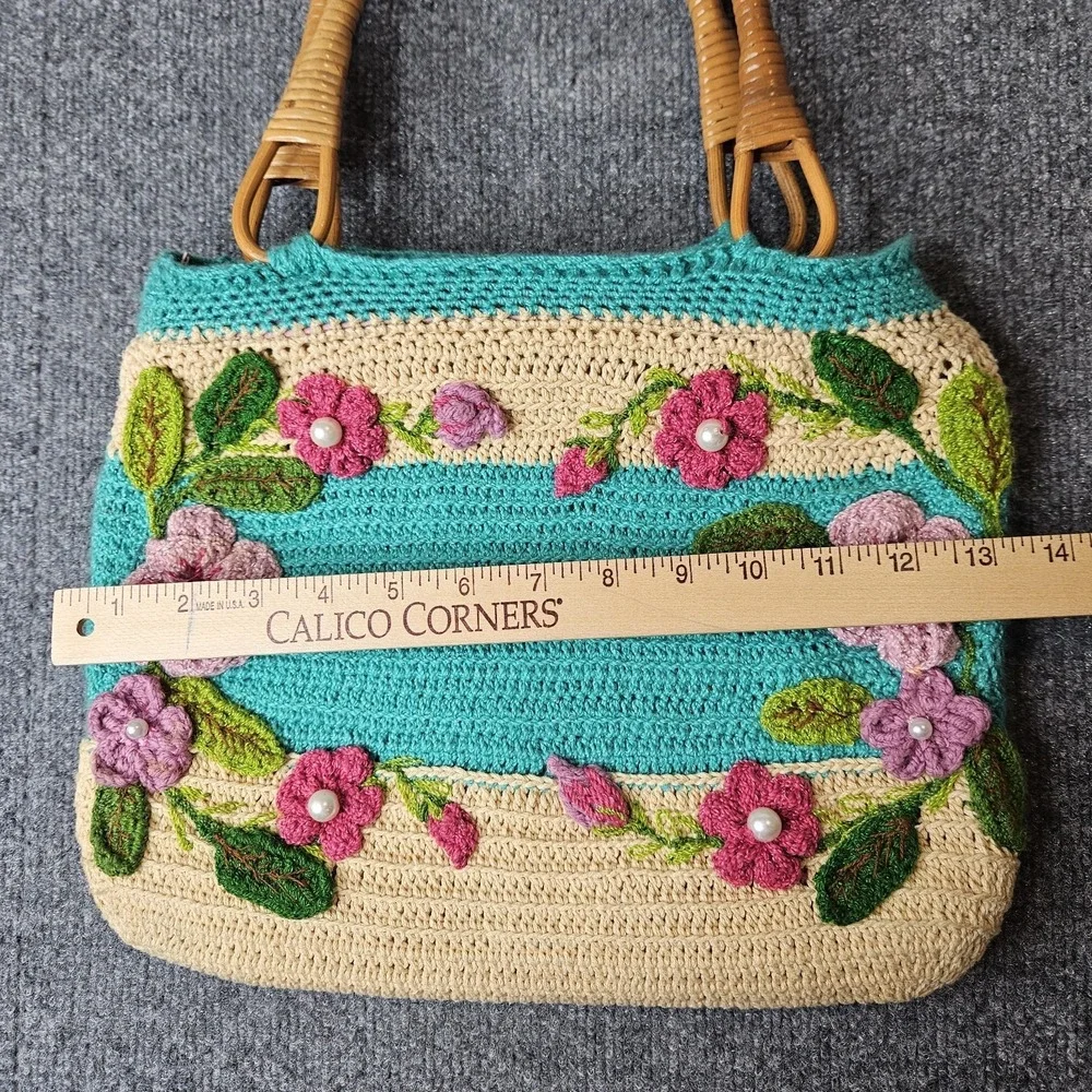 Handmade Crochet Purse Floral Rattan Handles Boho Cottagecore Grandmacore